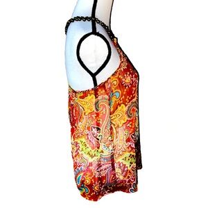 Daytrip Paisley Print Chiffon Trapeze Tank Top With Beaded Straps Semi Sheer Top